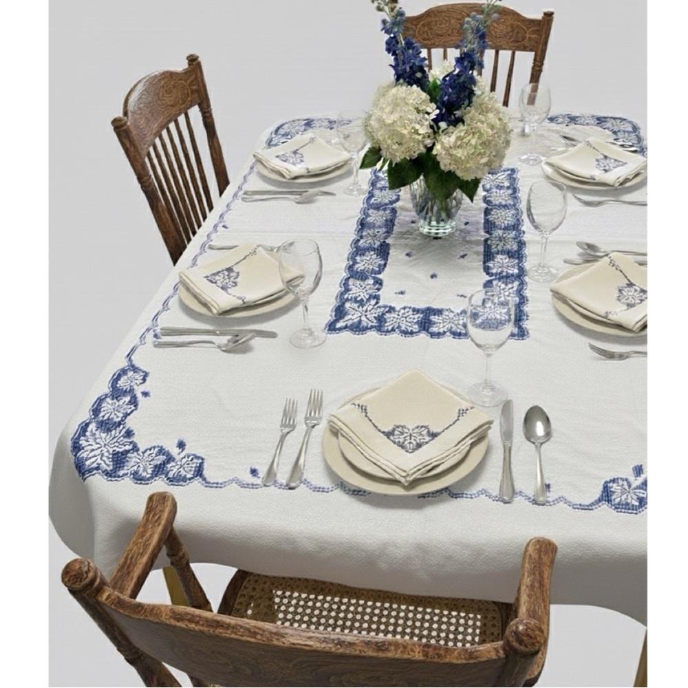 Antique Linen Tablecloth Embroidered White Blue With Napkins Handmade